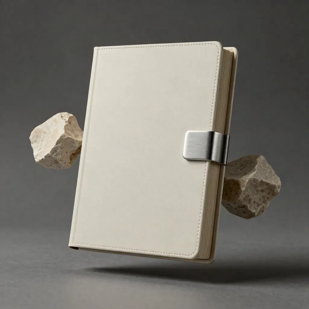 Floating off-white valuation case with silver band and stone blocks against graphite