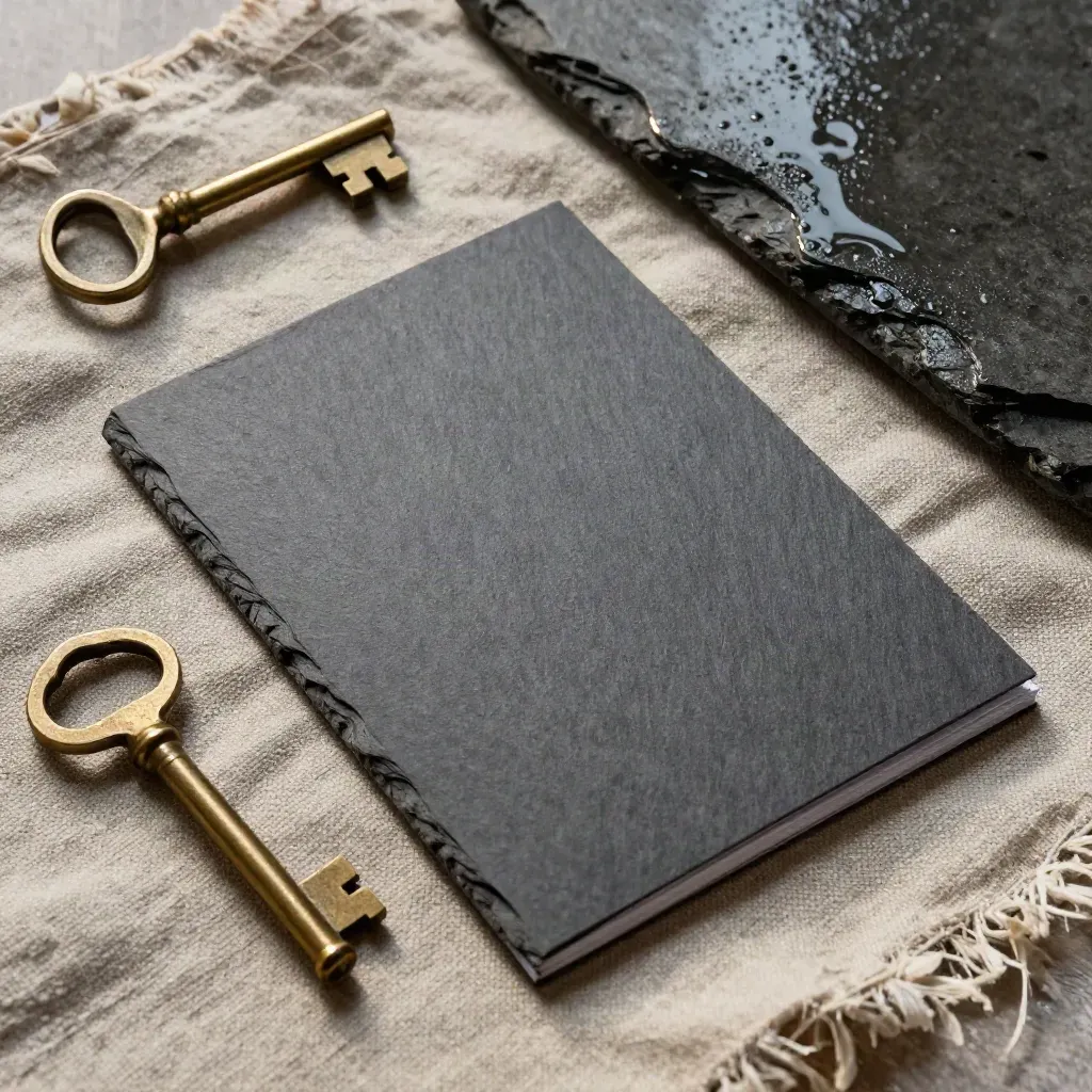 Overhead slate lettings pack, brass key, linen fold and wet stone with a puddle edge.