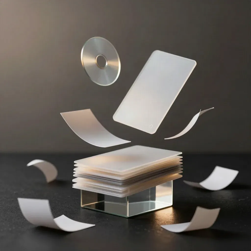 Floating Leeds virtual tour add-on kit with translucent cards, glass cube and disc in dark studio