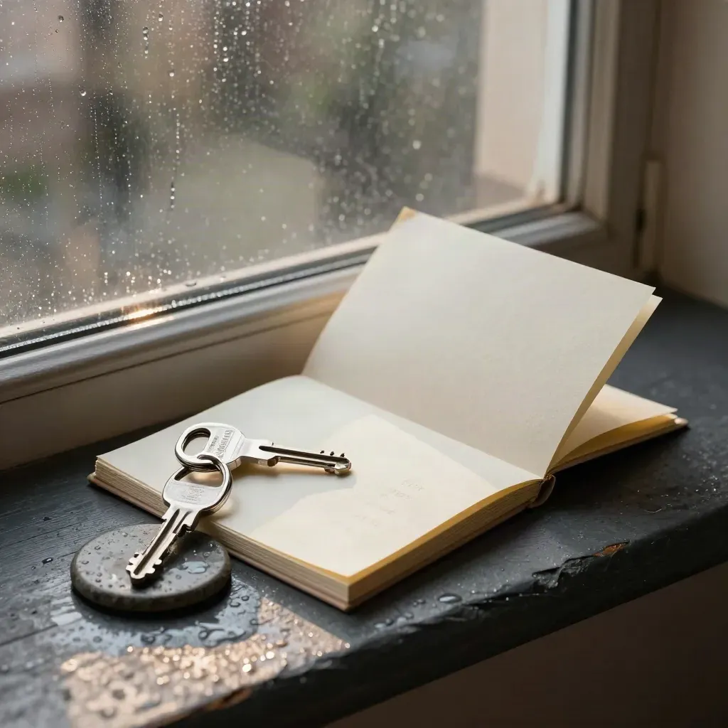 Landlord check kit on a rain-speckled window ledge with silver key ring and stone coaster