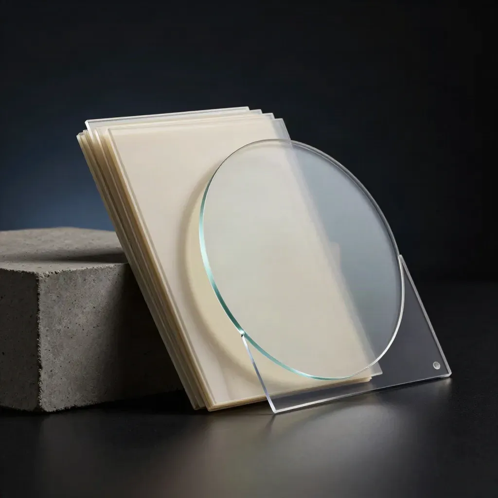 Cream virtual tour kit with clear sheets and a silver disc tilting over concrete in a dark studio.