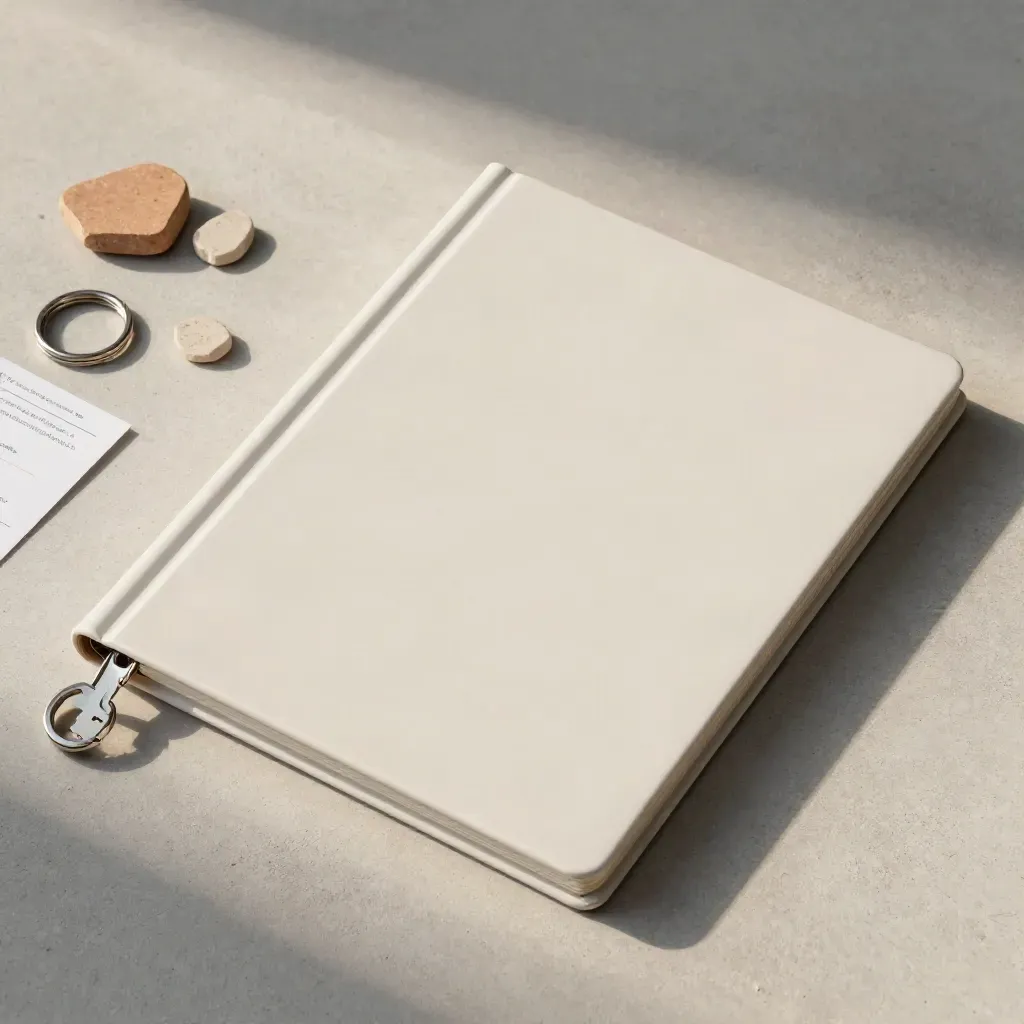 Overhead flatlay of an off-white valuation report case with key ring and stone chips on pale concrete.