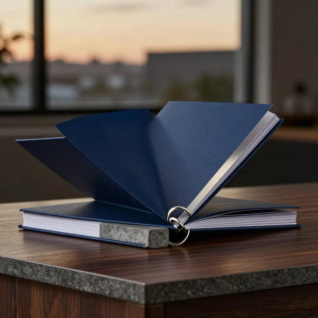 Opened midnight-blue estate presentation folio with silver ring and stone block on a dark plinth.