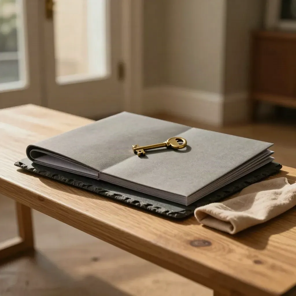 Warm grey lettings kit with brass key and fabric wrap on an oak bench in soft side light