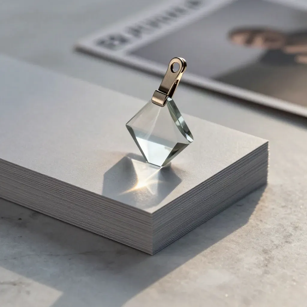 Macro of silver-grey sleeves, glass prism and metal clip on marble under raking light.